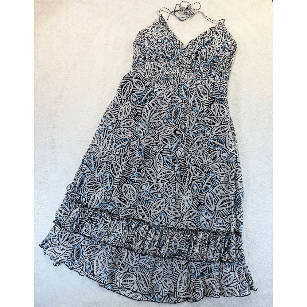 Y2K Sangria Silk Babydoll Halter Dress 10 Black White Midi Ruffle Fairycore